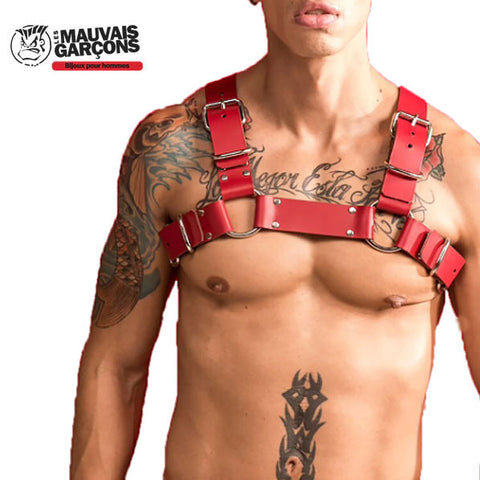 Harnais en simili cuir, conçu pour mettre en valeur vos pectoraux et pimenter votre look. Rivets métalliques plats à l'avant . 4 sangles ajustables. Boucles métalliques sur le torse.  ✔ Les frais de port sont offerts pour la France métropolitaine  ✔ Article expédié sous 24 heures, réception sous 2 à 3 jours pour la France